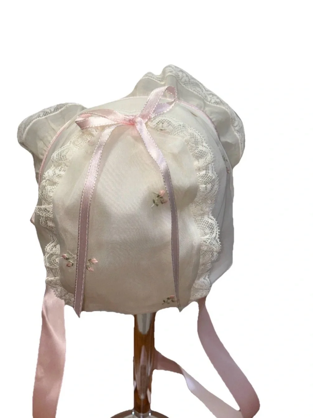 Vintage MCM 1952 Salkin & Linoff Sheer Ivory with Embroidery Baby Bonnet